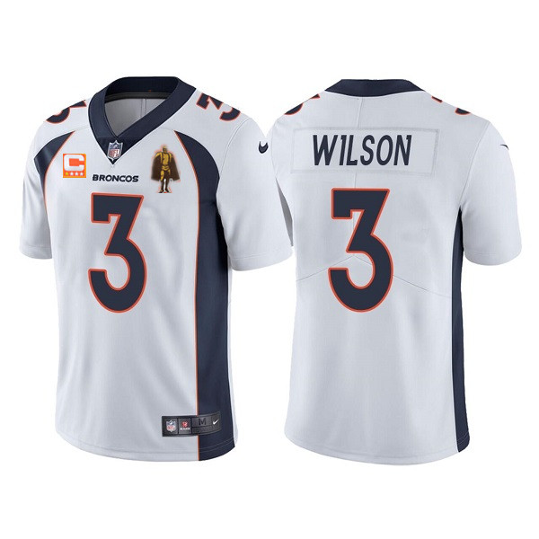 Men's Denver Broncos #3 Russell Wilson White With C Patch & Walter Payton Patch Limited Stitched Jersey Men's Denver Broncos #3 Russell Wilson White With C Patch & Walter Payton Patch Limited Stitched Jersey